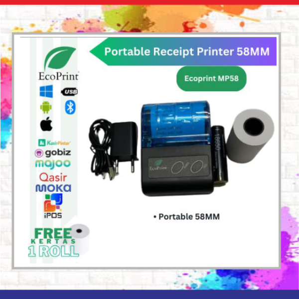 ECOPRINT Printer Bluetooth Kasir POS58 [Usb+Bluetooth+Rj11] printer kasir printer resi - MP58 Plus (USB+BT), Stiker 58x5m=10 Roll *Untuk Resi marketplace