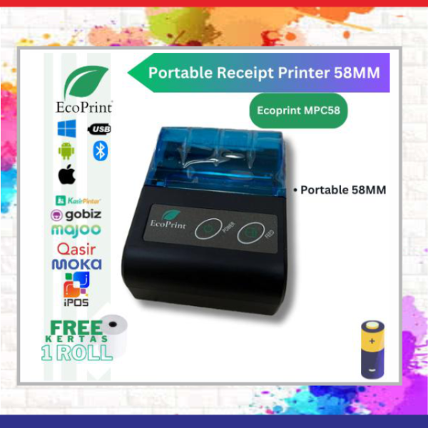 ECOPRINT Printer Bluetooth Kasir POS58 [Usb+Bluetooth+Rj11] printer kasir printer resi - MP58 Plus (USB+BT), Stiker 58x5m=10 Roll *Untuk Resi marketplace