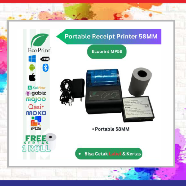 ECOPRINT Printer Bluetooth Kasir POS58 [Usb+Bluetooth+Rj11] printer kasir printer resi - MP58 Plus (USB+BT), Stiker 58x5m=10 Roll *Untuk Resi marketplace