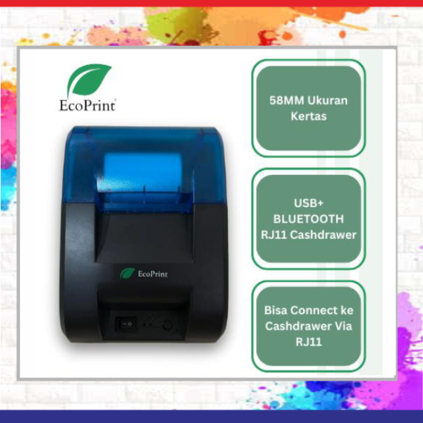 ECOPRINT Printer Bluetooth Kasir POS58 [Usb+Bluetooth+Rj11] printer kasir printer resi - MP58 Plus (USB+BT), Stiker 58x5m=10 Roll *Untuk Resi marketplace