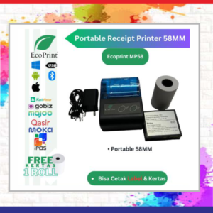 ECOPRINT Printer Bluetooth Kasir POS58 [Usb+Bluetooth+Rj11] printer kasir printer resi - MP58 Plus (USB+BT), Stiker 58x5m=10 Roll *Untuk Resi marketplace