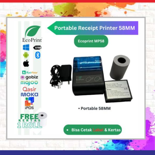 ECOPRINT Printer Bluetooth Kasir POS58 [Usb+Bluetooth+Rj11] printer kasir printer resi - MP58 Plus (USB+BT), Stiker 58x5m=10 Roll *Untuk Resi marketplace