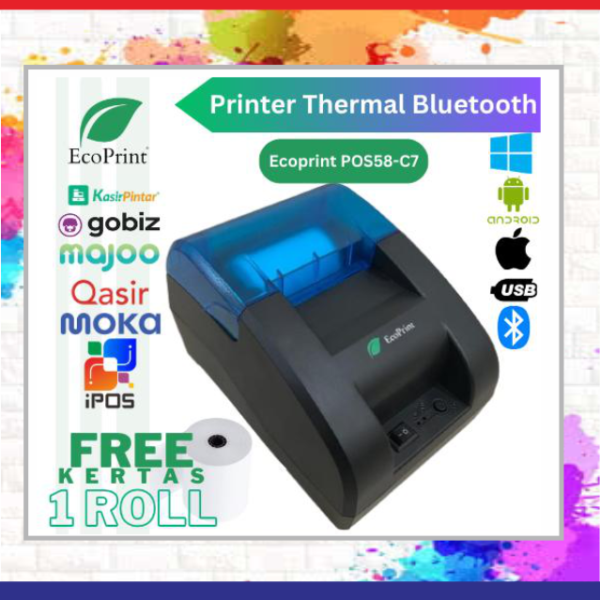 ECOPRINT Printer Bluetooth Kasir POS58 [Usb+Bluetooth+Rj11] printer kasir printer resi - MP58 Plus (USB+BT), Stiker 58x5m=10 Roll *Untuk Resi marketplace