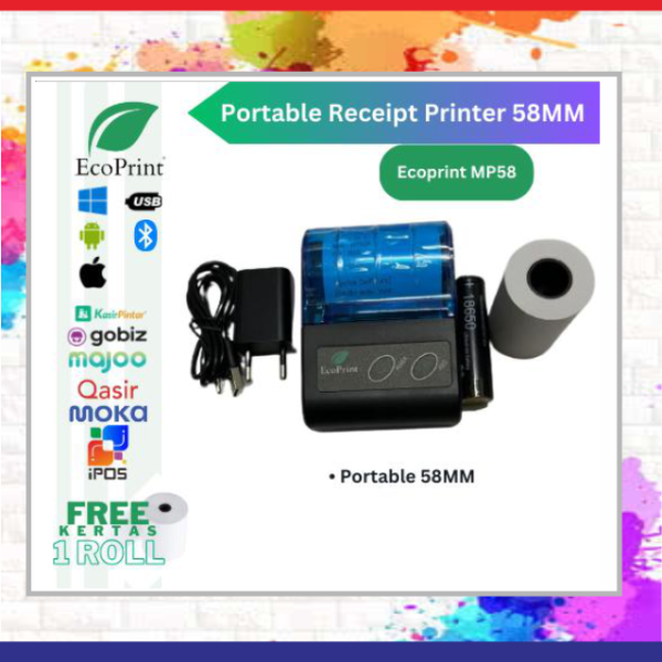 ECOPRINT Printer Bluetooth Kasir POS58 [Usb+Bluetooth+Rj11] printer kasir printer resi - MP58 Plus (USB+BT), Stiker 58x5m=10 Roll *Untuk Resi marketplace